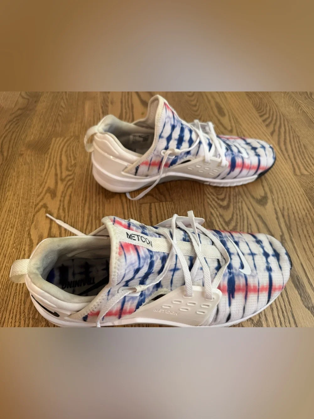 Nike Men’s Tie-Dye Metcon Sneakers in White, Blue & Pink